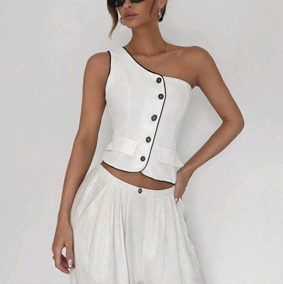 Contrast Color OneShoulder WhiteSuit Vest White One Shoulder Suit Vest Tank Top - Picture 3 of 5